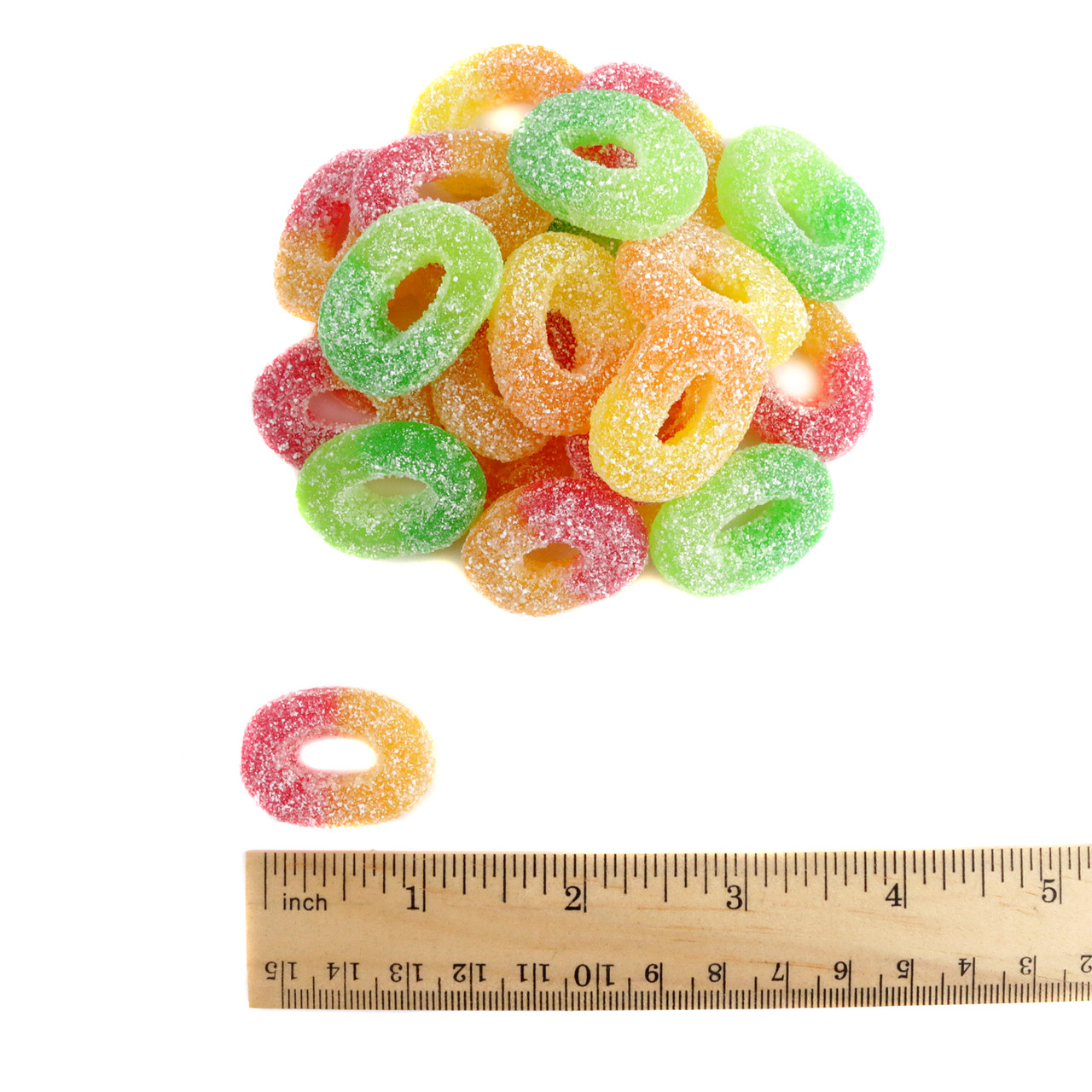 Efrutti Apple Trio Gummy Rings, sweet & sour green, red, yellow, sugar-coated, chewy apple candy rings.