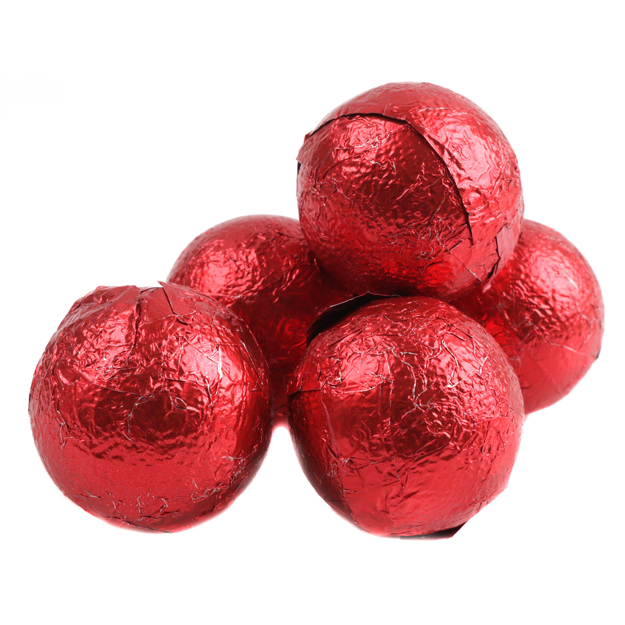 Red foiled double chocolate balls, creamy milk chocolate, individually wrapped, USA made, approx 35 count per pound.