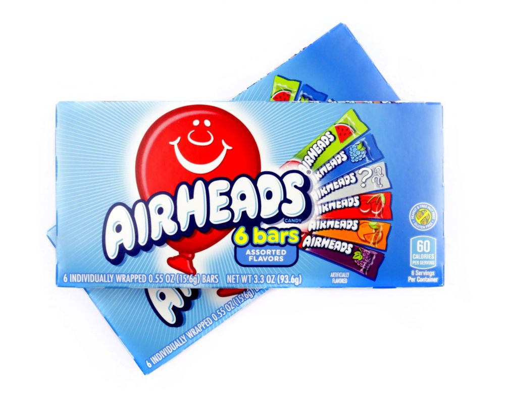 Colorful Airheads Theater Box 12 Pack, 12 boxes, 6 assorted fruit flavor chewy taffy candy bars per box.
