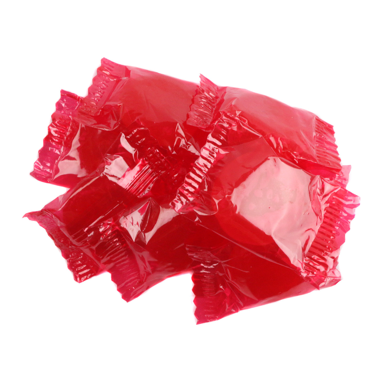 Individually wrapped vibrant red cinnamon hard candy buttons, approximately 80 pieces per pound, with a hot spicy flavor.