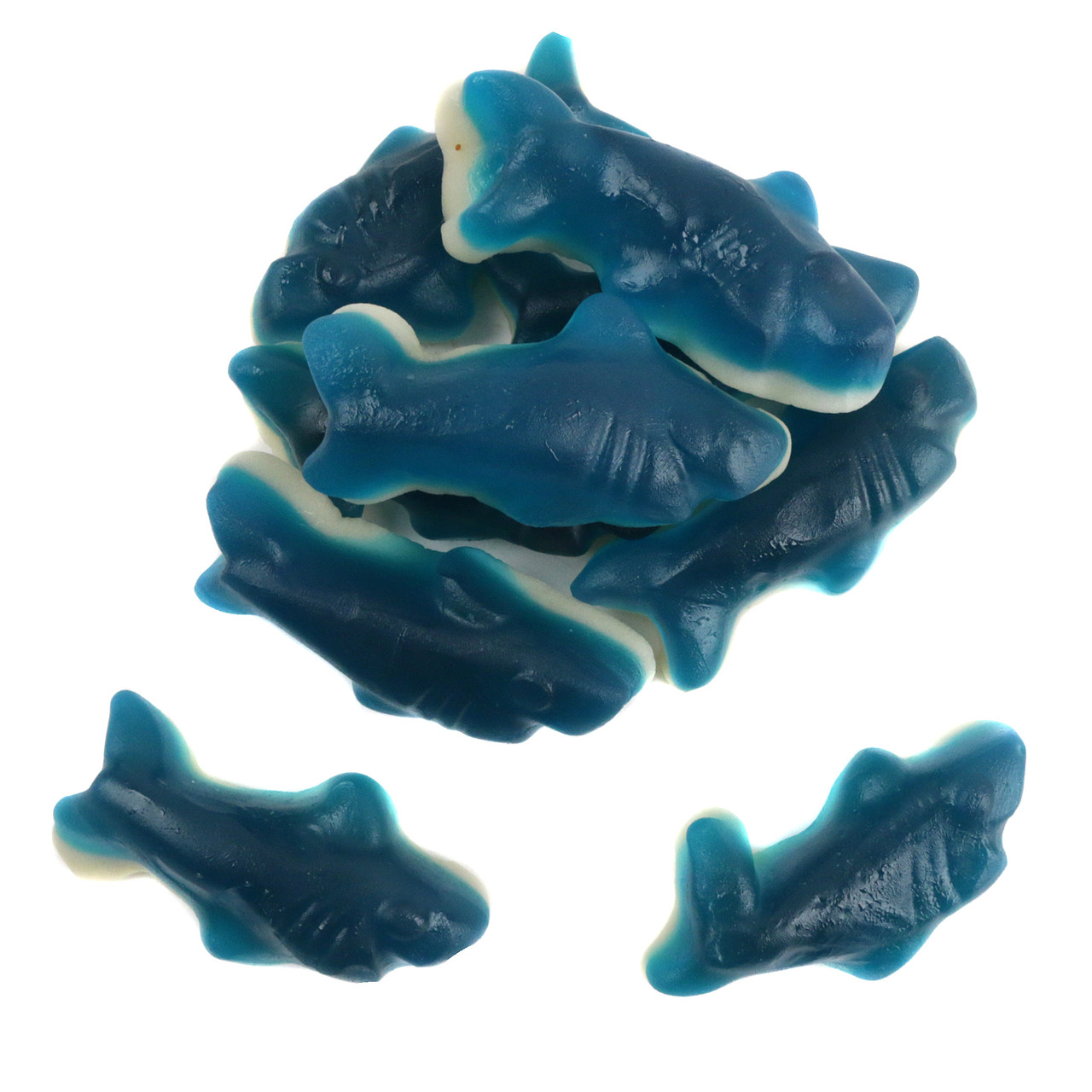 Gummy sharks, vibrant blue raspberry flavor, white marshmallow foam bottoms, perfect sweet candy.