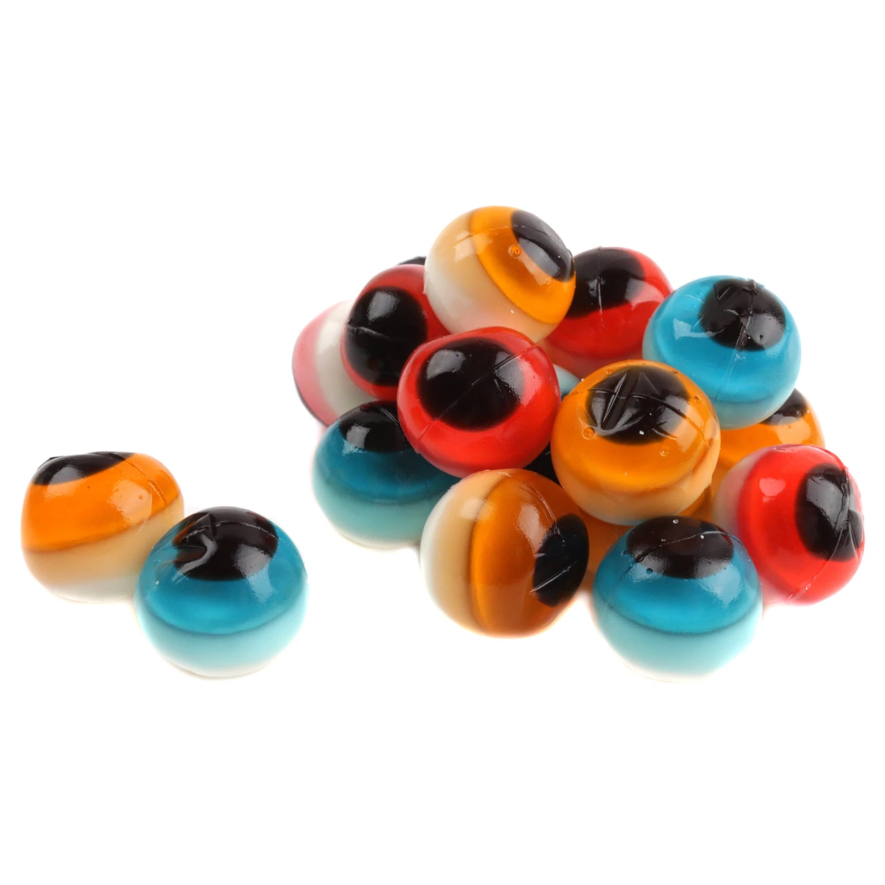 Clever Candy 3D Gummy Eyeballs, red, green, blue, realistic, chewy, approx 75 per pound. Halloween candy.
