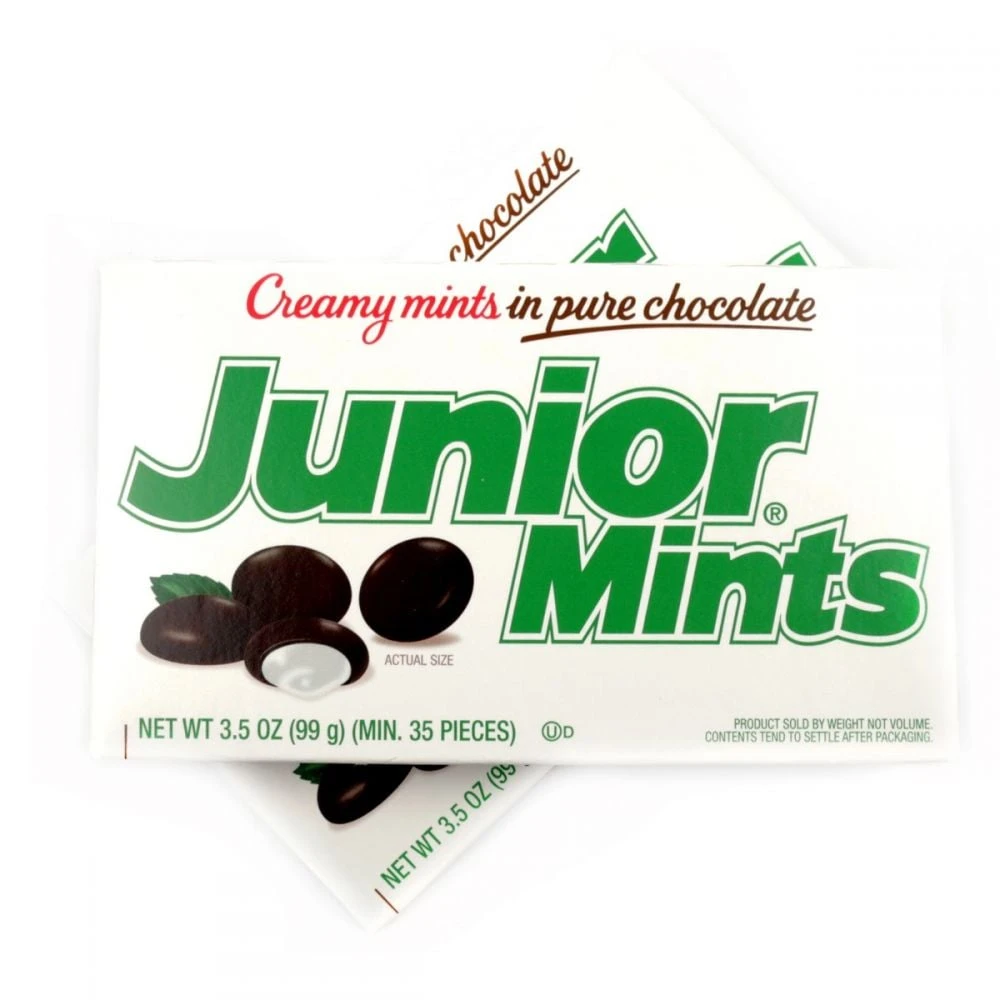 12 Junior Mints 3.5oz teal theater boxes, rich dark chocolate & cool white peppermint candy.