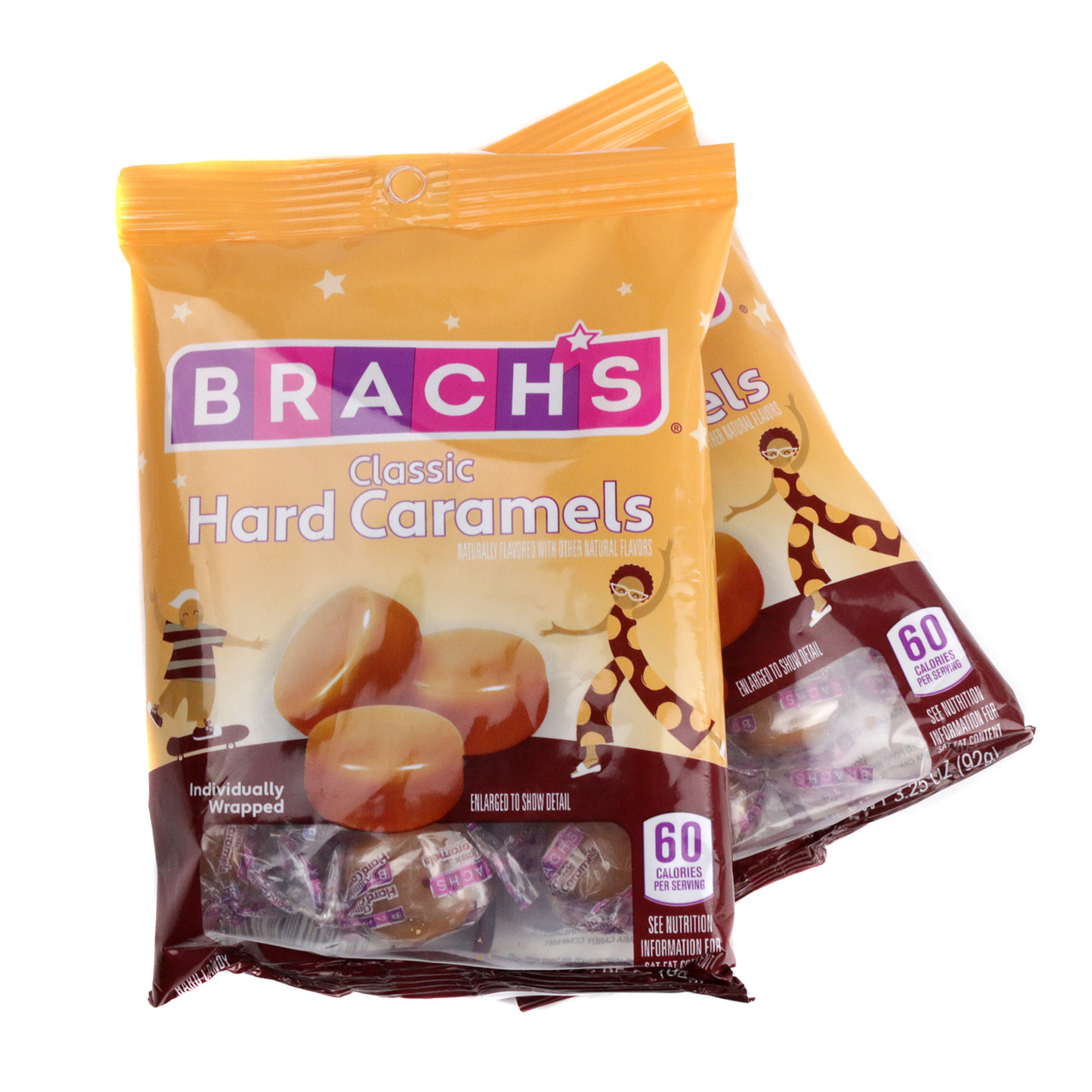 Brach's Nips Caramel Hard Candy, 3.25oz bag, approx 14 golden caramel pieces.