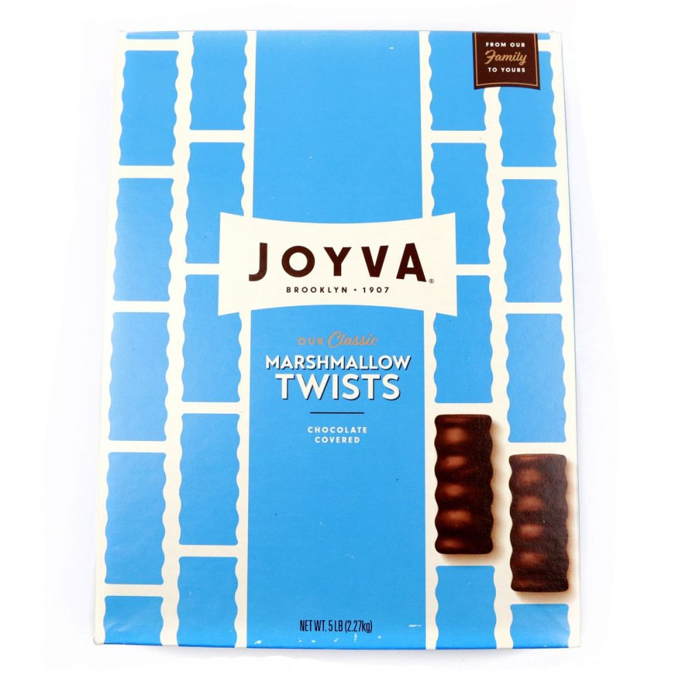 Joyva Marshmallow Twists, 5 lb box, approximately 100 white vanilla marshmallows coated in rich dark chocolate.