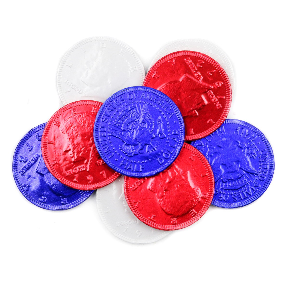 Red, white, and blue foil-wrapped milk chocolate coins, approximately 80 per pound, with US half dollar design.