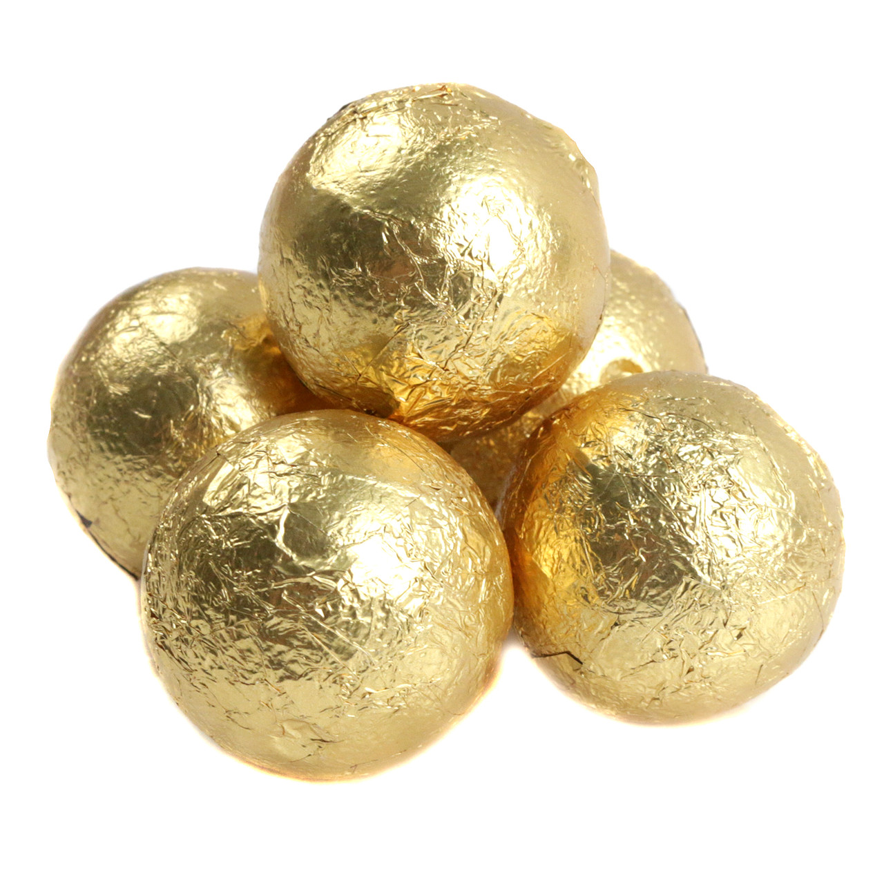 Gold foiled double chocolate balls, individually wrapped, 1-inch diameter, rich creamy candy.