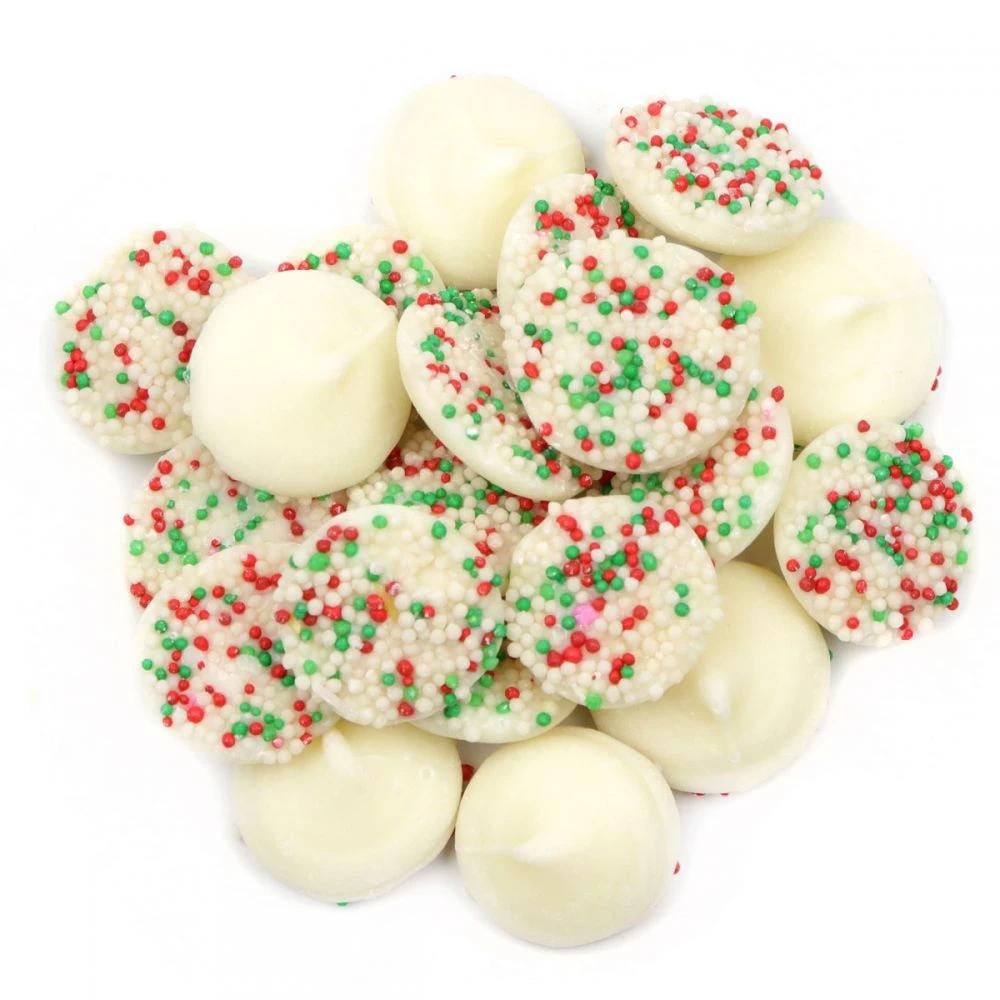 Christmas White Chocolate Mint Nonpareils, creamy white candy with festive red and green nonpareils, approx. 95 per pound.