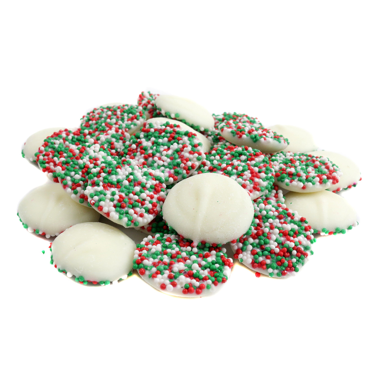 White Chocolate Mint Nonpareils, creamy white chocolate, refreshing mint, festive red and green nonpareil seeds for Christmas.