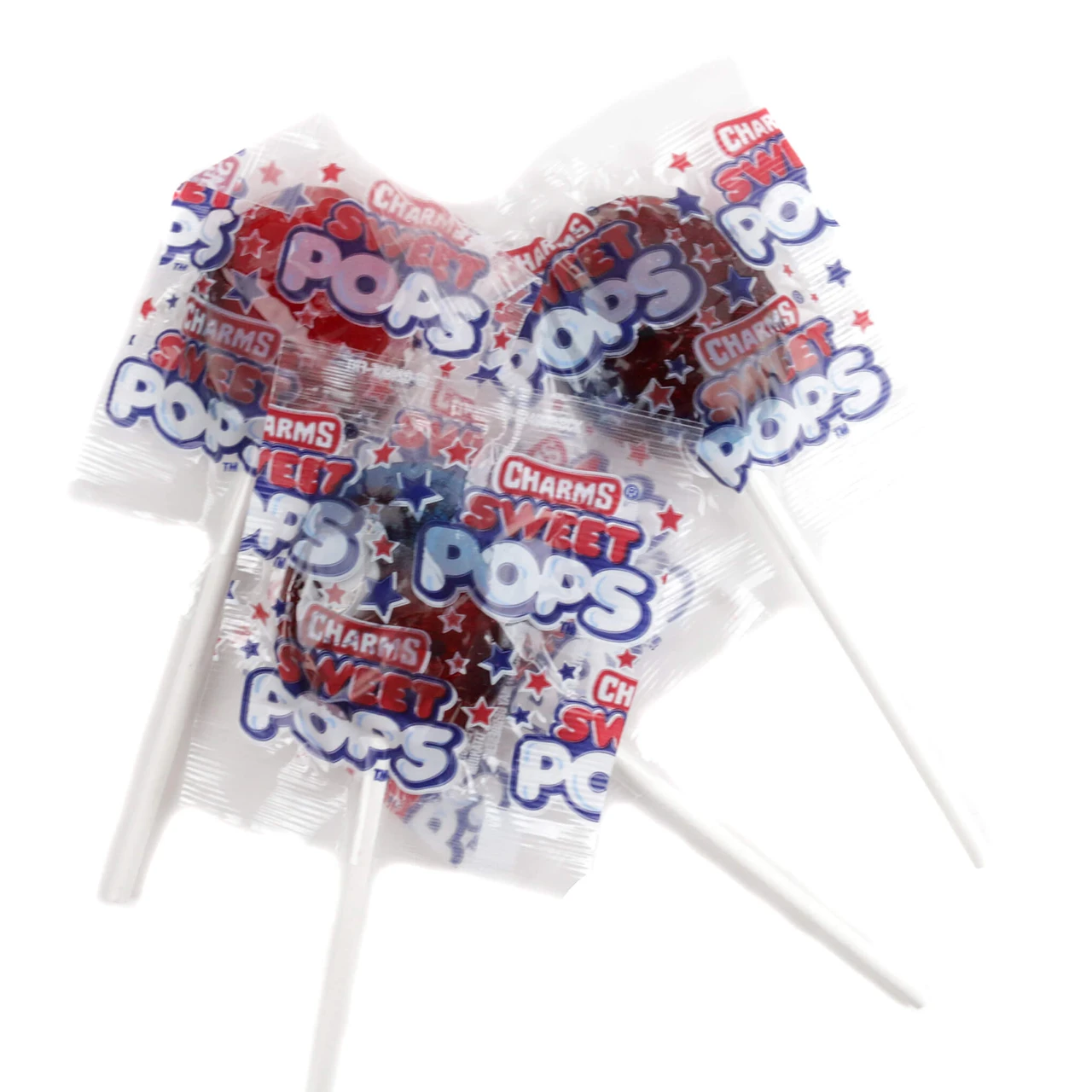 Charms Sweet Pop lollipops, red, white, blue striped, cherry, blue razz dual-flavor. Approx 28 pc. 4th of July candy.