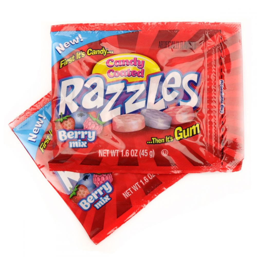 24 pack of round Razzles berry mix, featuring red raspberry, strawberry, and blue blueberry candy that transforms into gum.