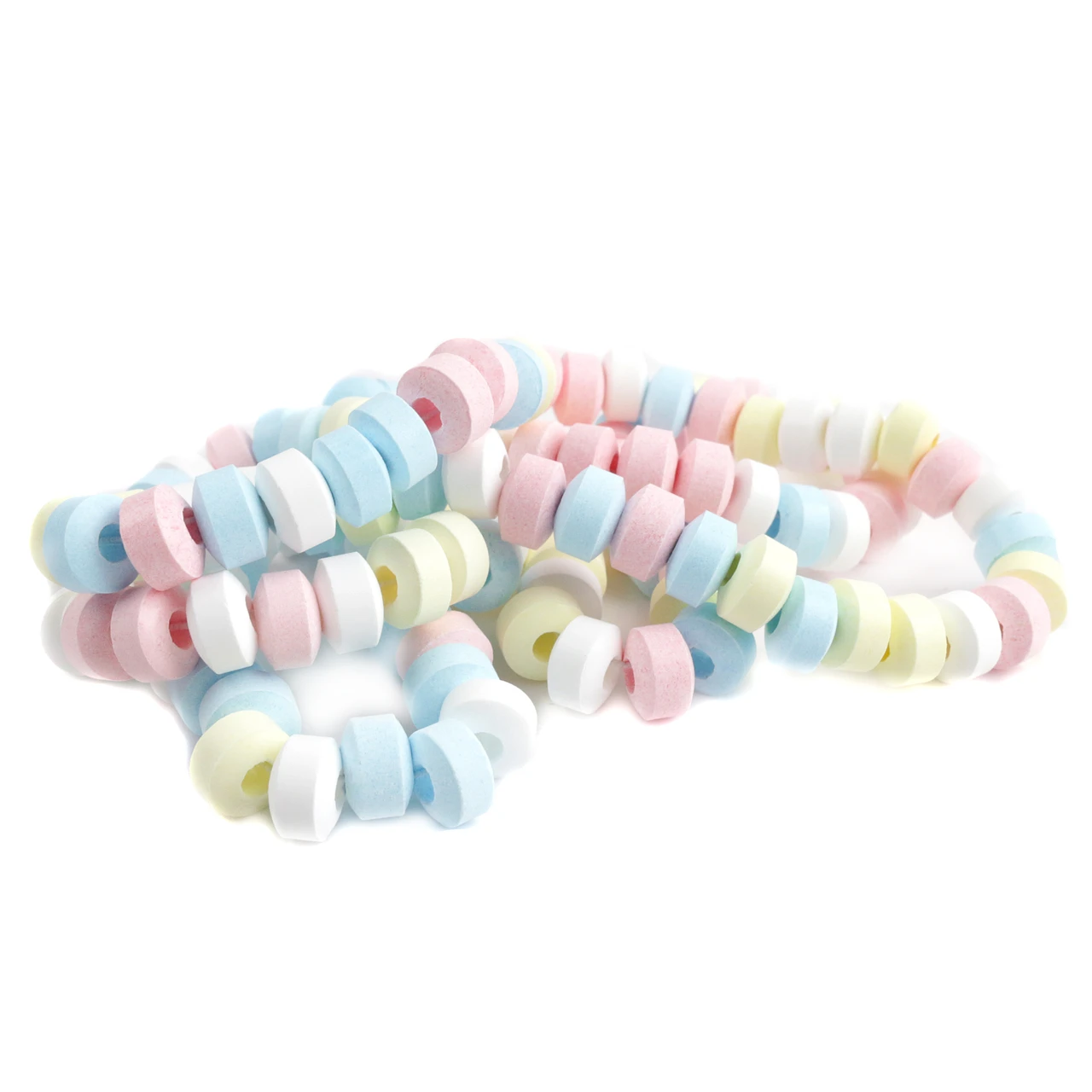 Unwrapped pastel candy necklaces, 20 per pound, strung on elastic. Ideal for birthday parties, candy buffets.