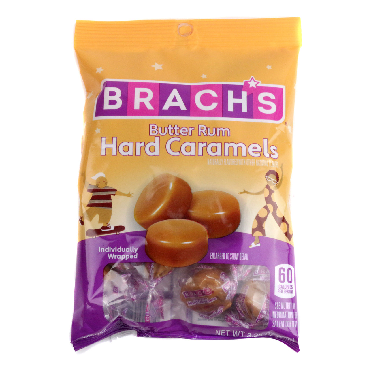 Brach's Nips Butter Rum hard candies in a 3.25oz bag. Rich, golden caramel-colored, approximately 14 pieces.