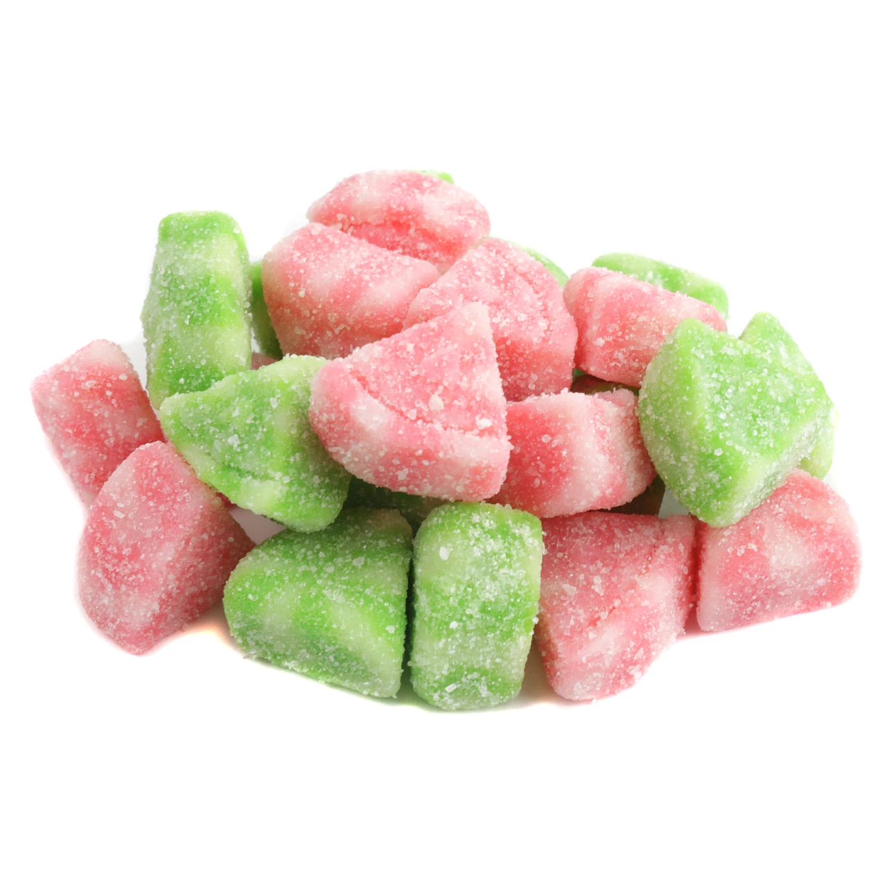 Albanese Gummy Watermelon Slices, green and red, sour sanded coating, approx 115 pieces per pound.