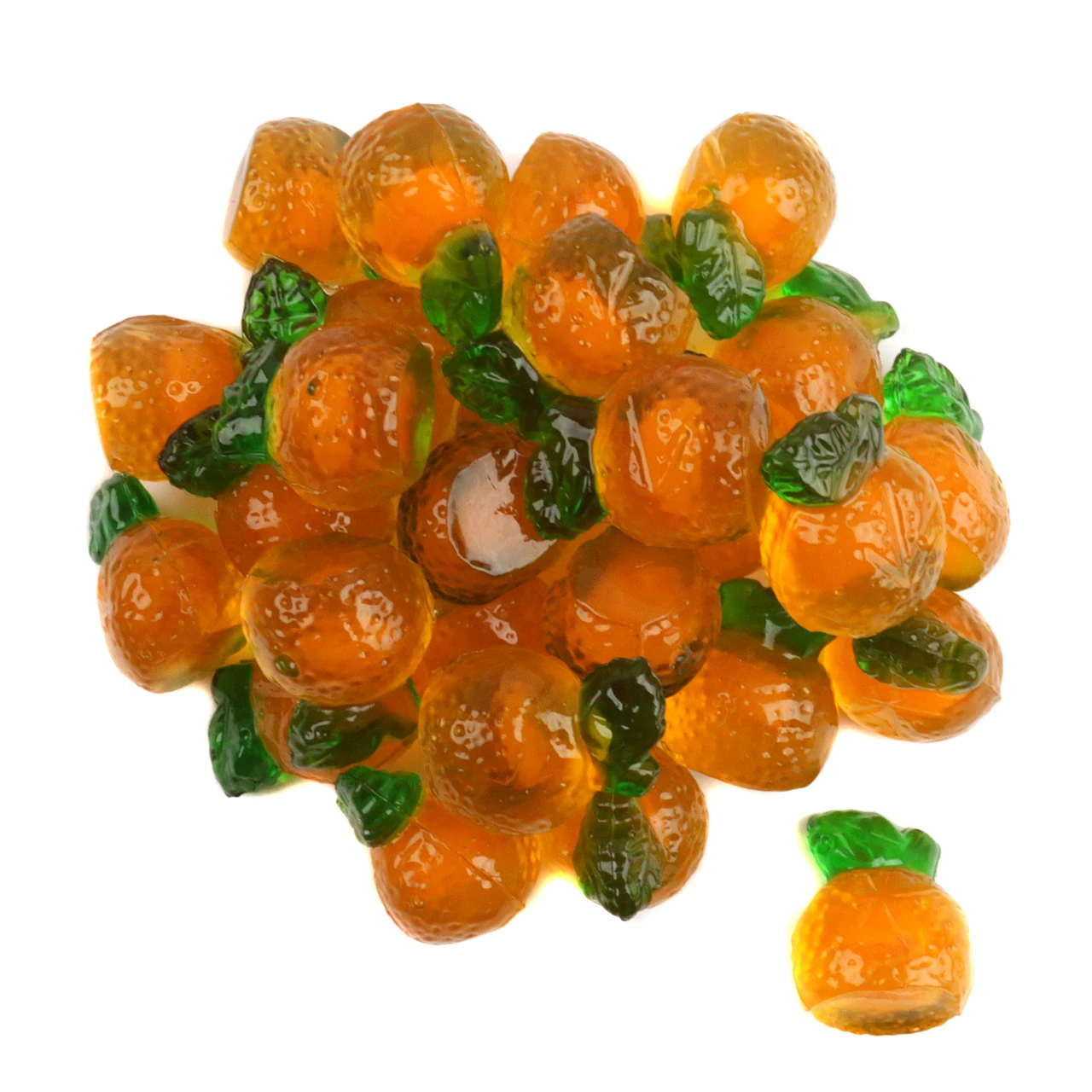 Vibrant orange 3D gummy candies, realistic orange shapes, bursting with juicy orange flavor.