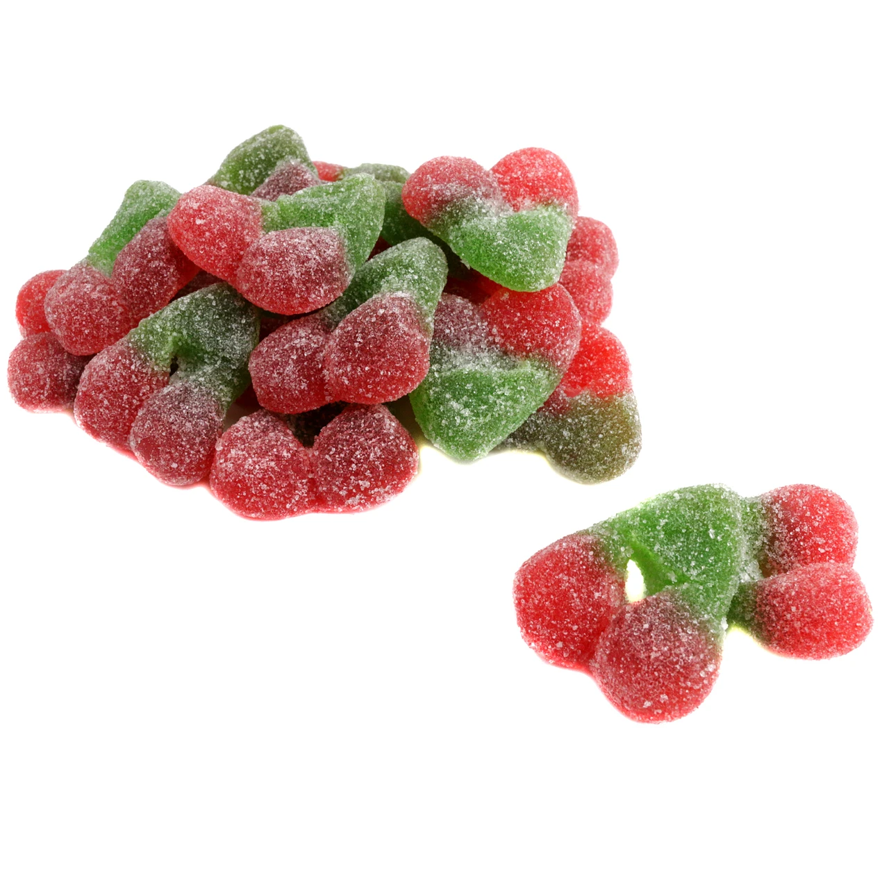 Vibrant red sour gummy twin cherries with stems, sweet inside, mouth-puckering sour outside, approx 70 per pound.
