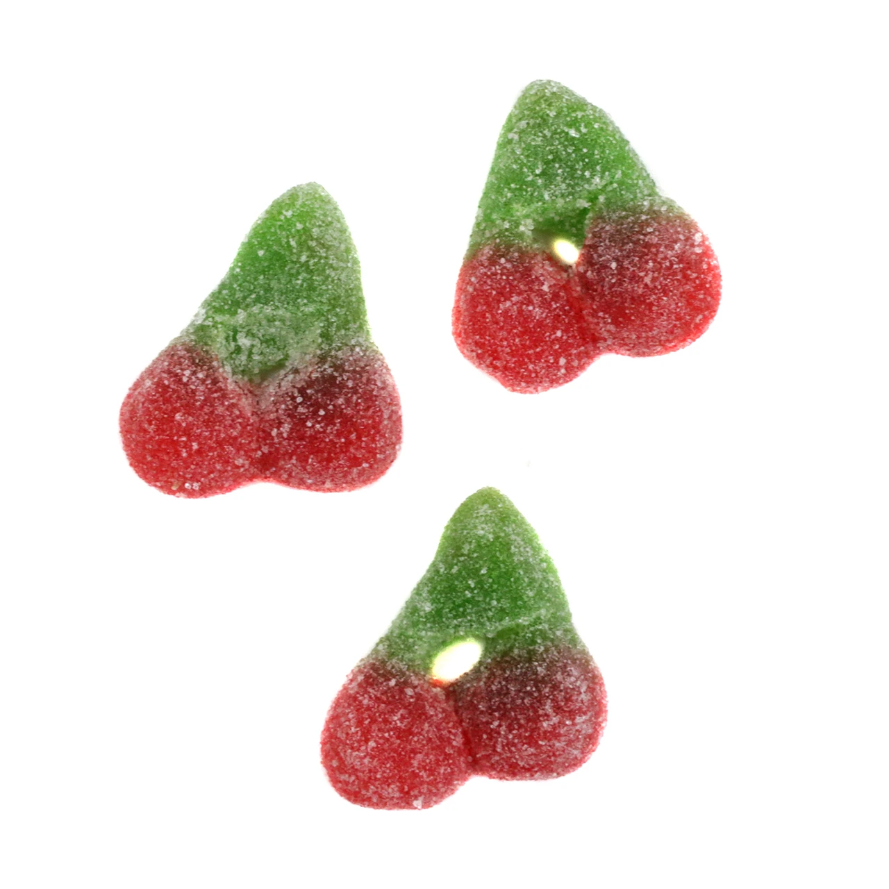 Vibrant red Sour Gummy Twin Cherries with stems, a bulk display of approximately 70 sour cherry candies per pound.