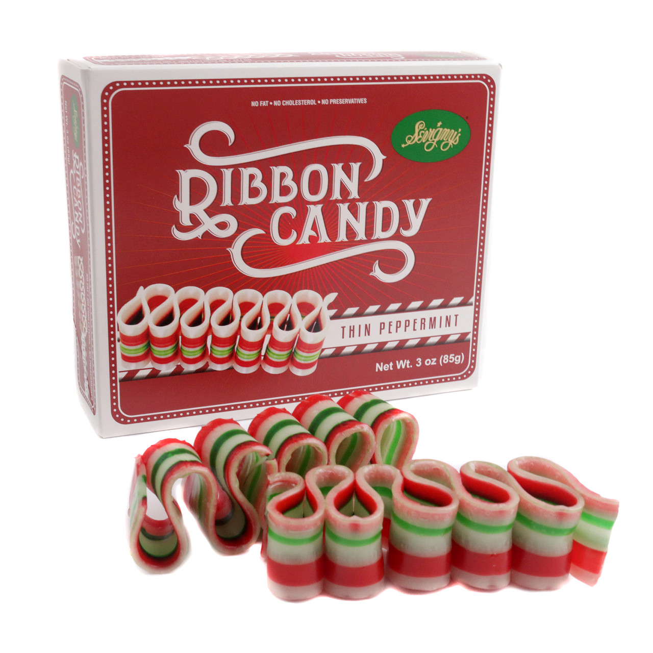 Six Sevigny's red and white delicate peppermint ribbon hard candy gift boxes.