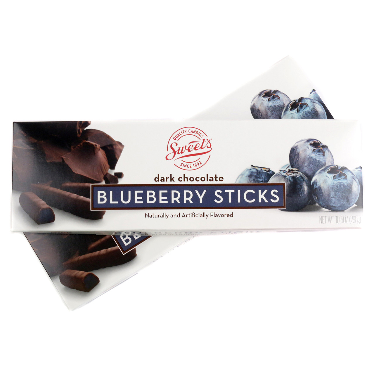 Sweets 10.5oz box of dark chocolate blueberry sticks, approx 38 pieces. Rich brown chocolate & purple blueberry jelly.