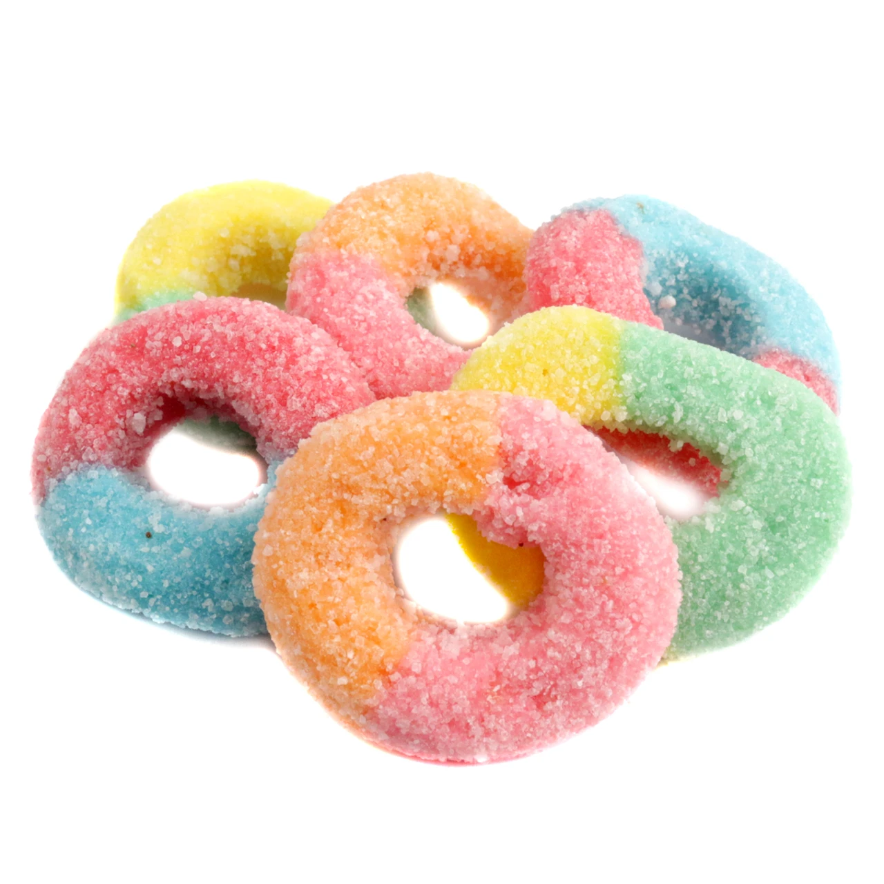 Vibrant neon gummy rings, rainbow colors, sour sanding sugar coating, tangy, about 56 rings per pound.