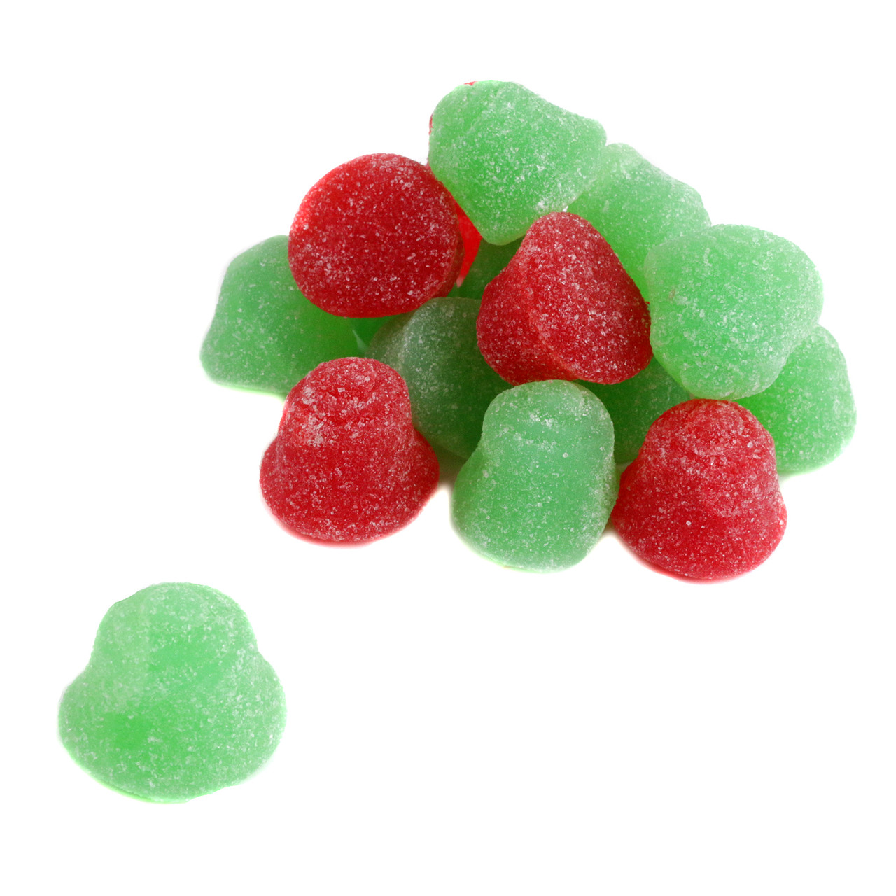 Vibrant red cherry and green lime Zachary Christmas Jelly Bells, approx 50 pieces per pound.