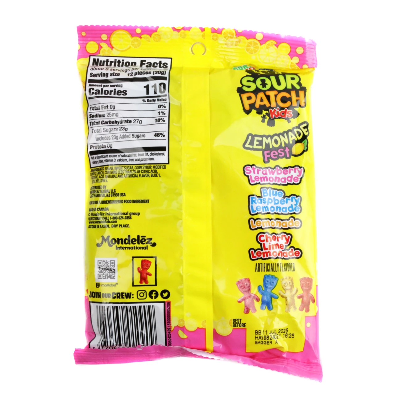 8.02oz bag Sour Patch Kids Lemonade Fest gummy candy, assorted sour strawberry, blue raspberry, cherry lime, classic yellow lemonade.
