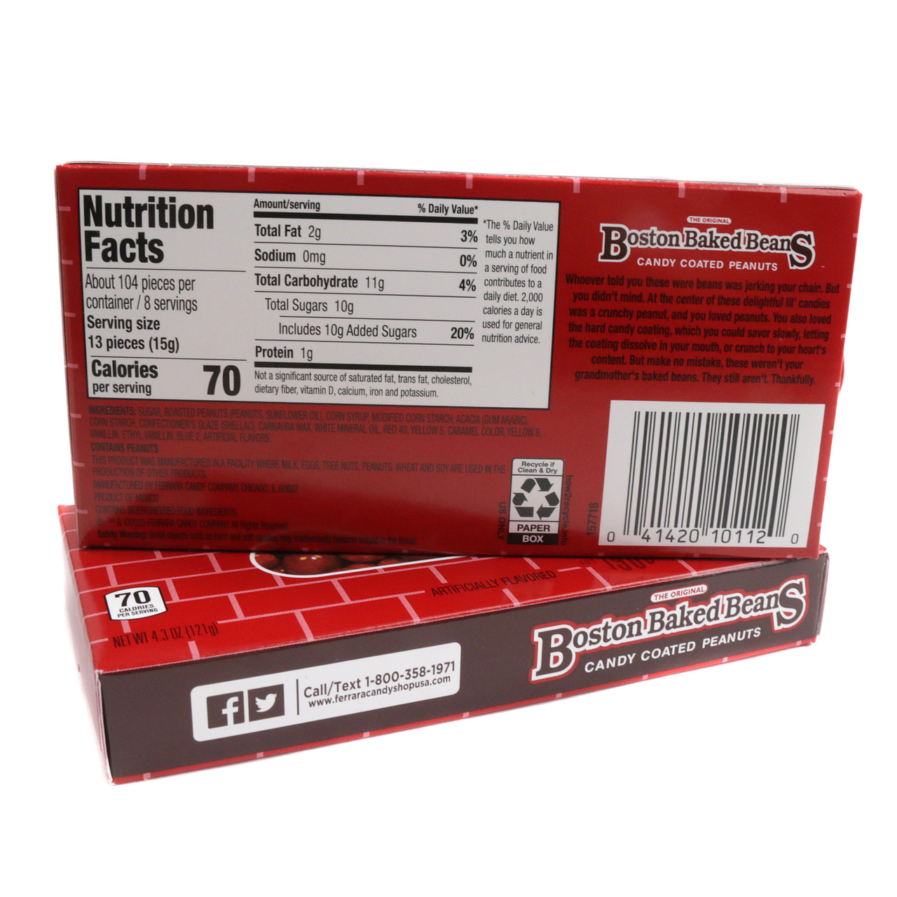 12-pack Ferrara Boston Baked Beans theater boxes. Red, sweet, crunchy candy-coated peanuts, 4.3oz each, old-fashioned.
