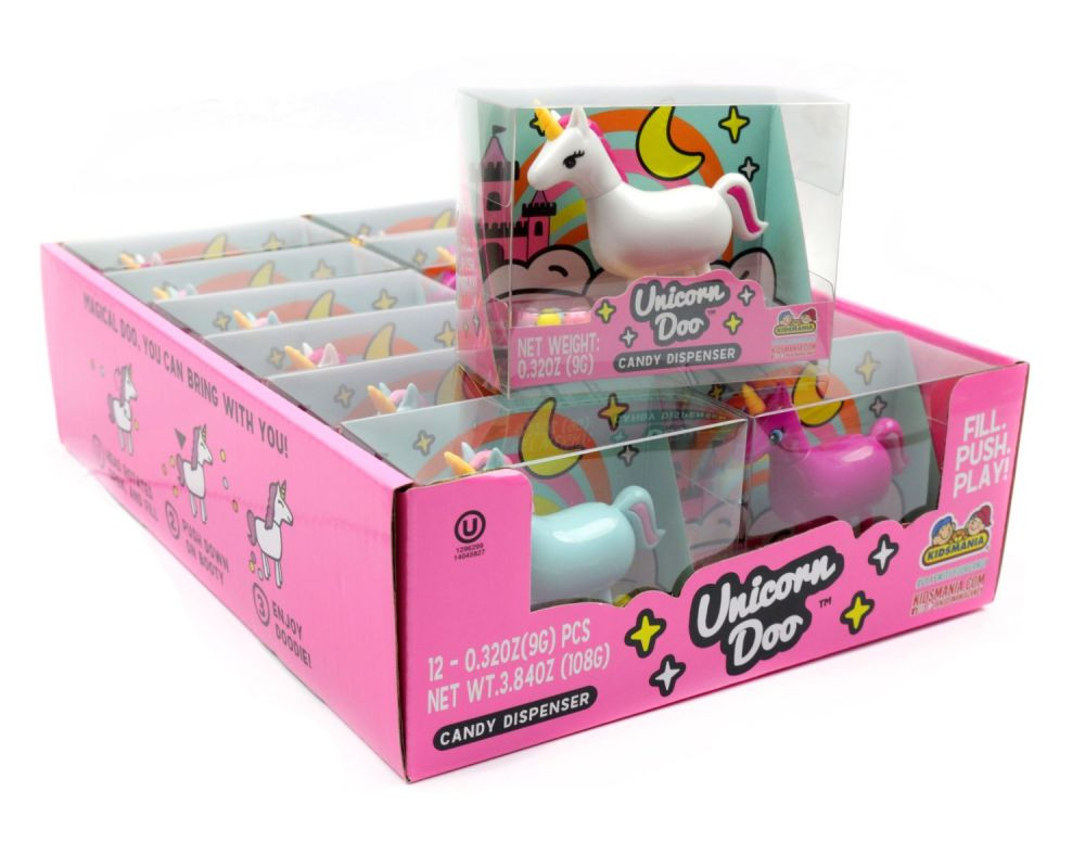 12 pack Unicorn Doo Candy Dispensers, assorted pink, blue, white unicorns with candy beads, Kidsmania novelty candy.
