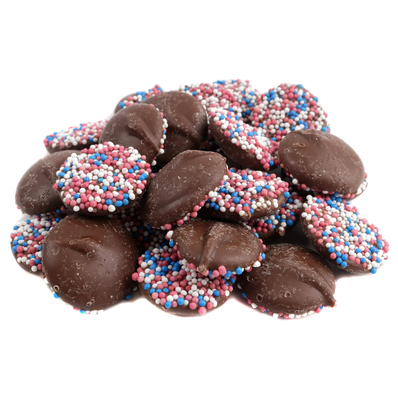 Red, white, blue patriotic milk chocolate nonpareils. Creamy discs with vibrant sprinkles, approx 130 per lb.