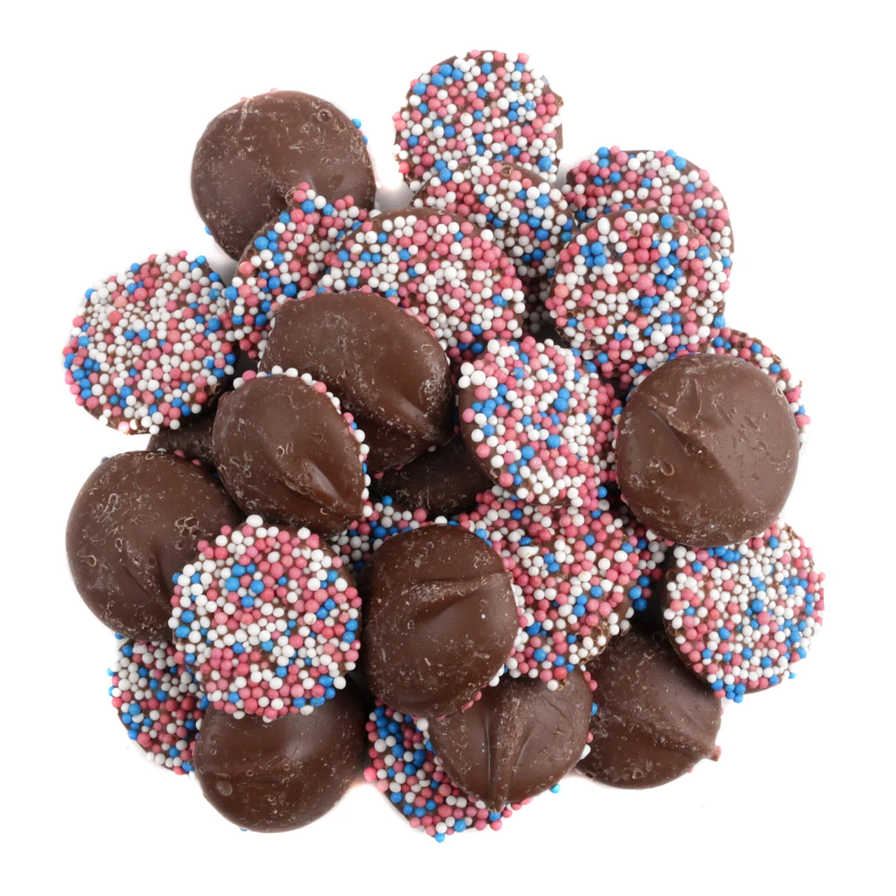 Patriotic milk chocolate nonpareil discs, topped with vibrant red, white, and blue sprinkles. Approximately 130 pieces per pound.