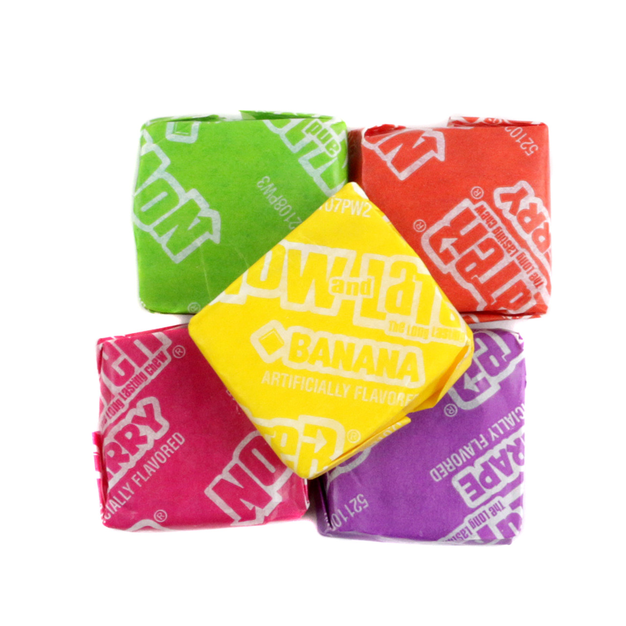 Colorful individually wrapped Original Now and Later chewy candies, assorted apple, grape, strawberry, cherry, banana flavors.