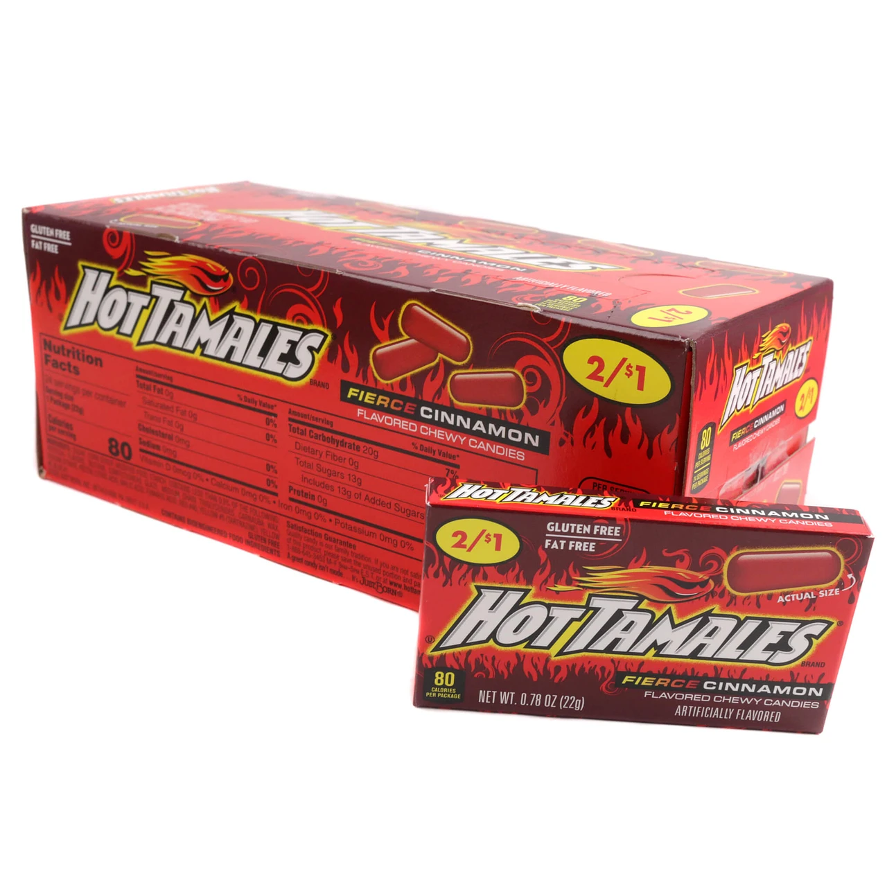 Red, chewy Hot Tamales cinnamon candy. Bulk 24 pack of spicy .78 oz boxes.