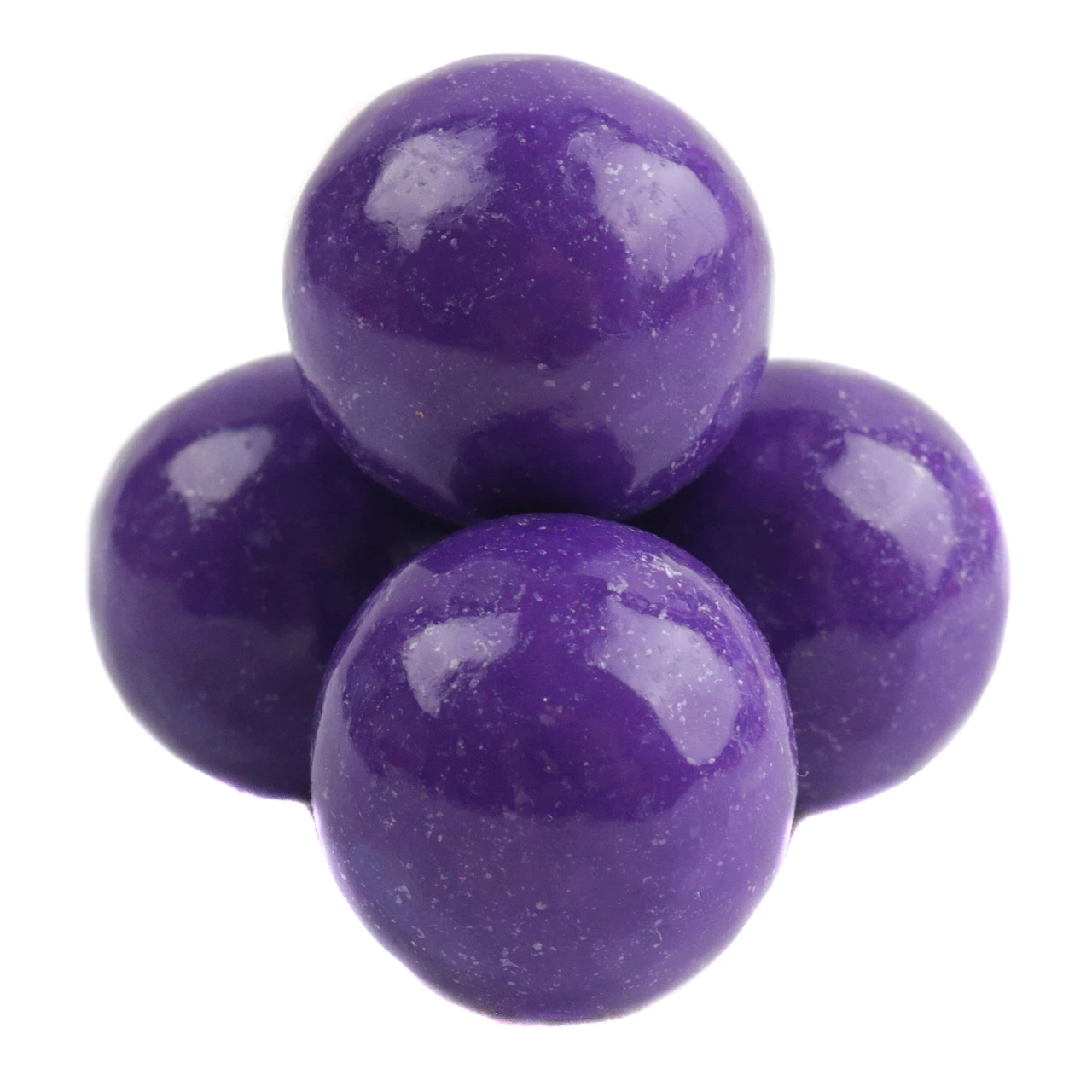 Shiny deep purple gumballs, 1-inch diameter, grape flavor, approximately 50 per pound.