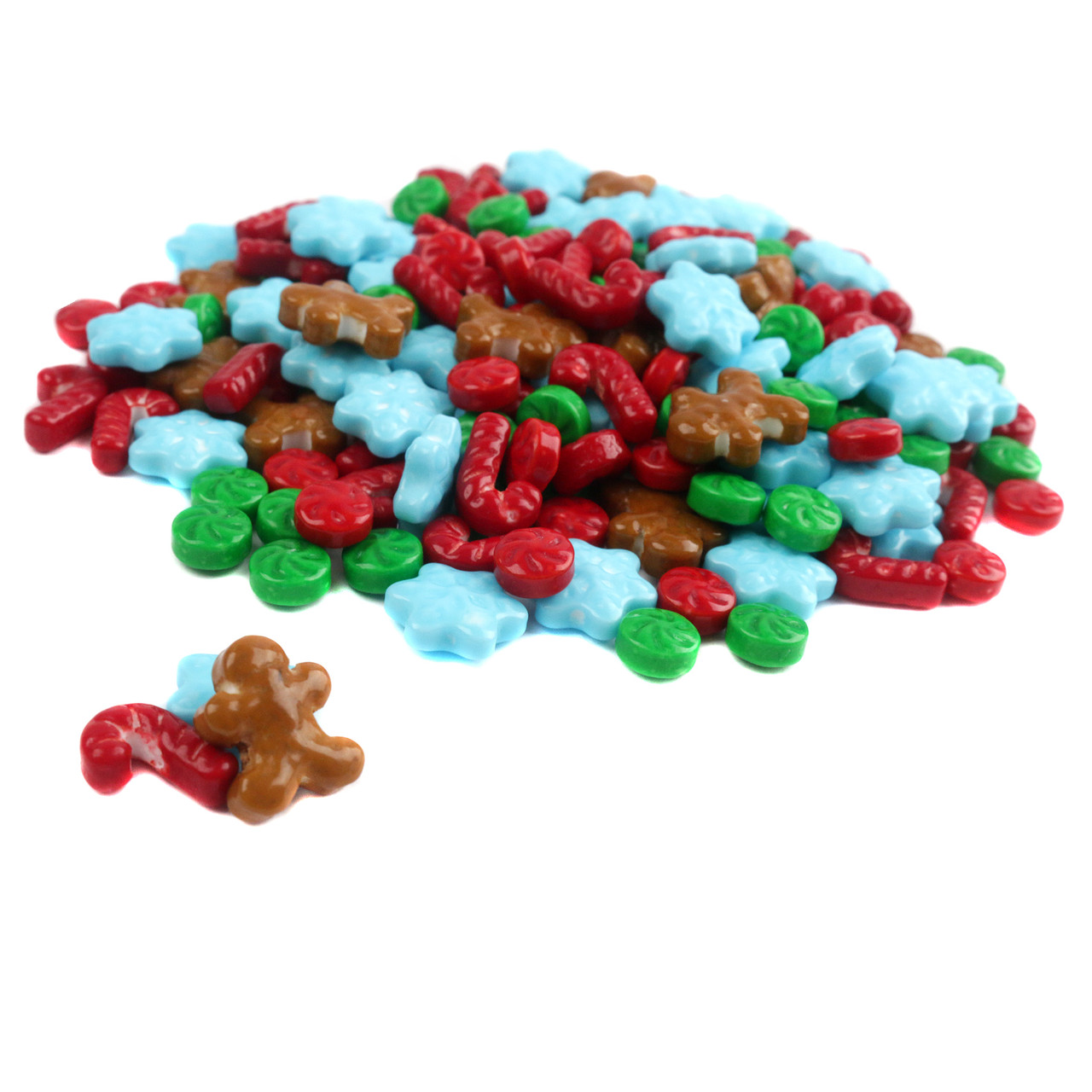Christmas mini candy mix, gingerbread men, white snowflakes, red & white candy canes, 400 pieces, 1/2 inch tall.