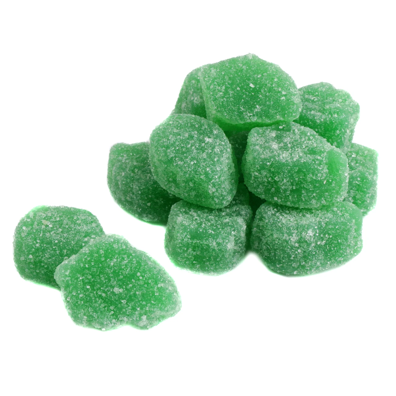 Green spearmint leaf jelly candies, sugar-sanded, approx. 45 pieces per pound.
