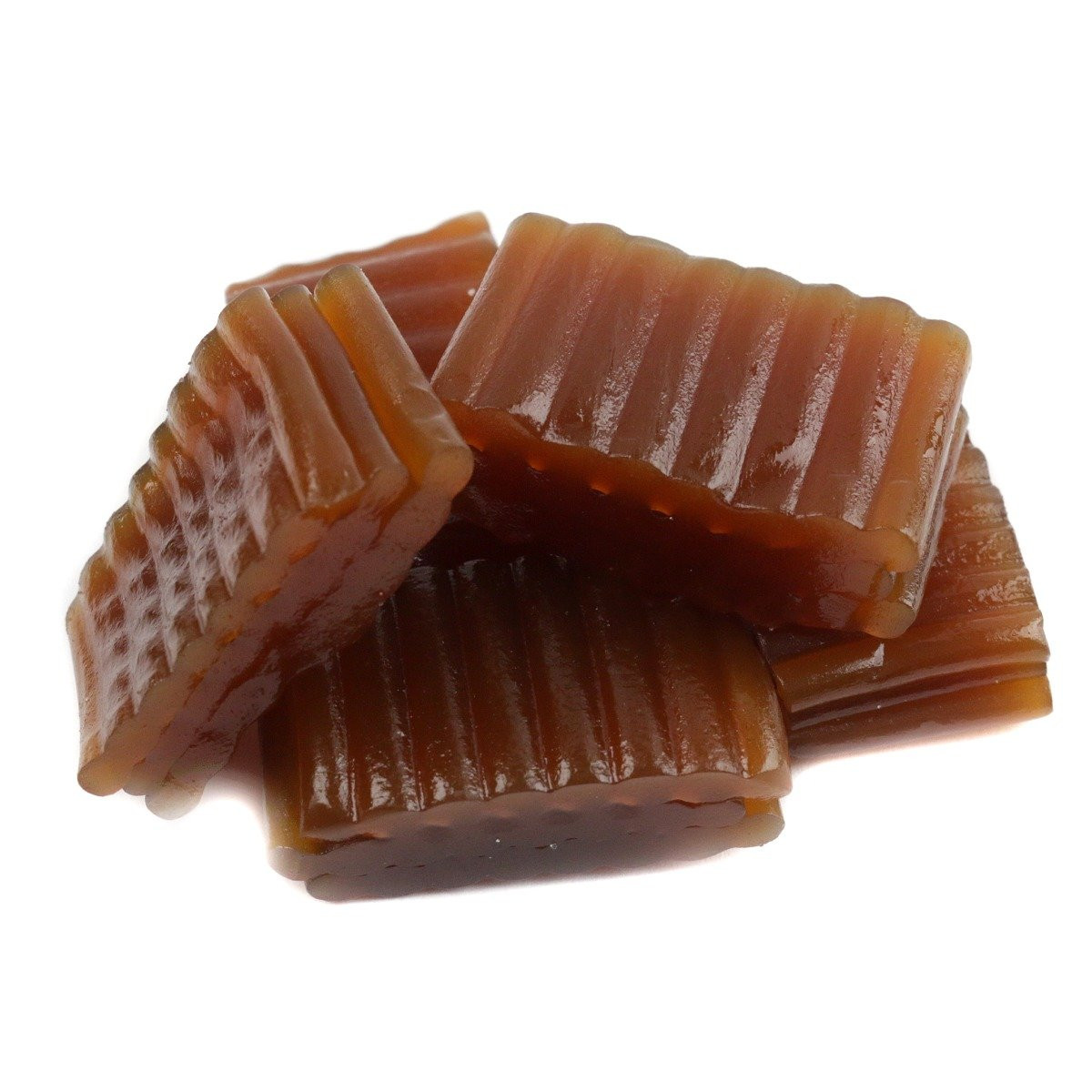 Caramel Licorice Tire Tracks, dark brown, chewy candy bites, unique tire track shape.