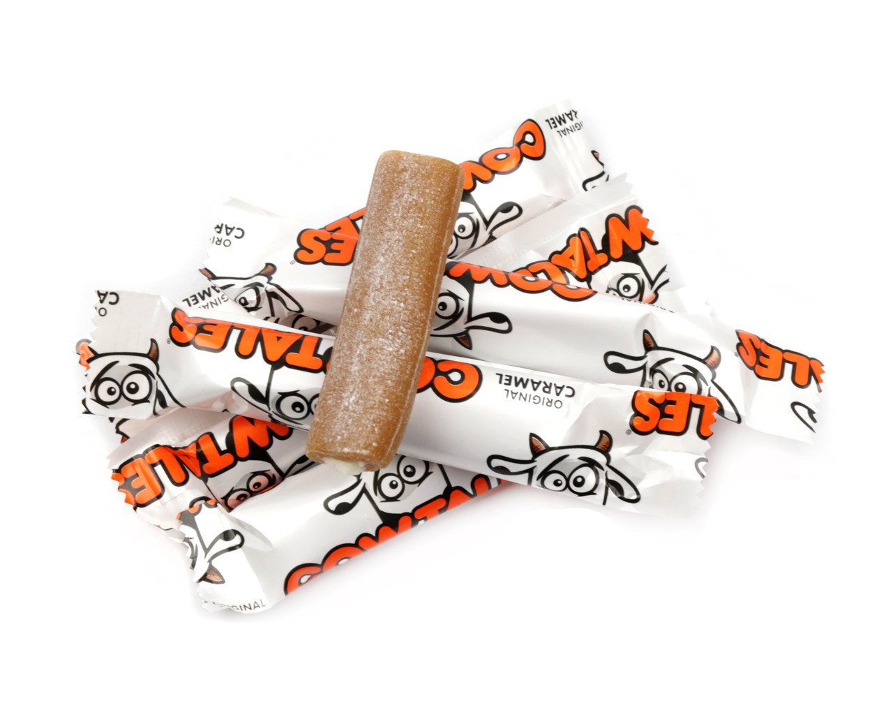 Goetze's Mini Caramel Cow Tales, 2.5-inch individually wrapped caramel candies with soft cream centers, approx 40 per pound.