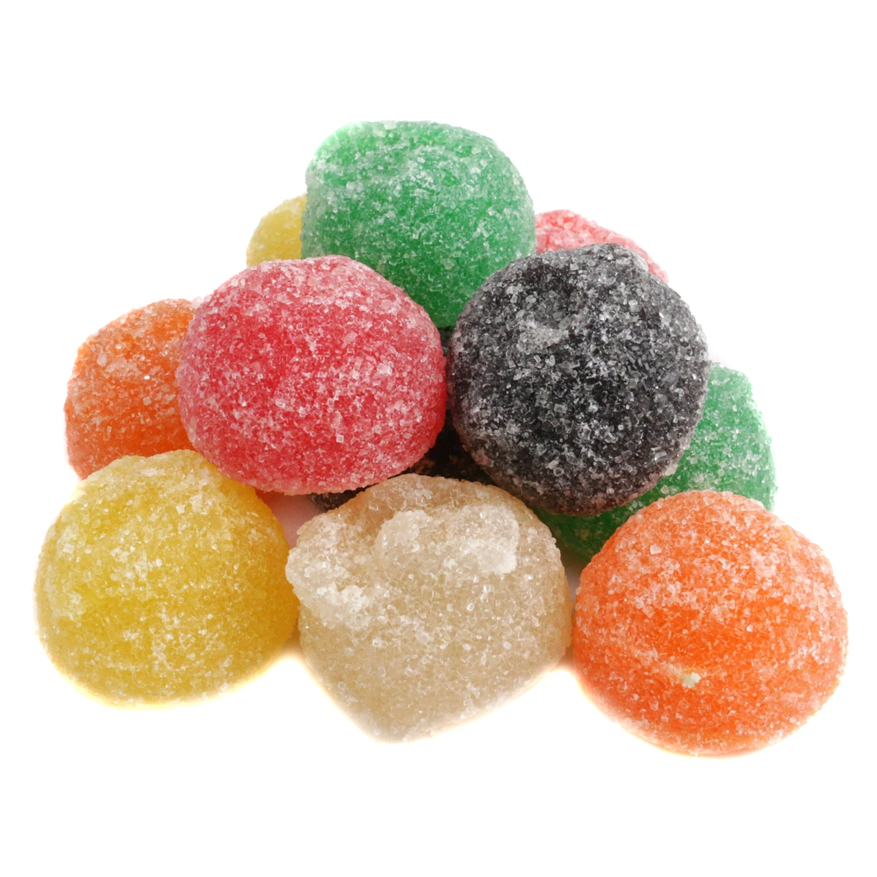 Giant Gumdrops, old-fashioned, sugar-coated, assorted fruit flavors. White, red, green, yellow, orange, dark purple, approx 45 per lb.