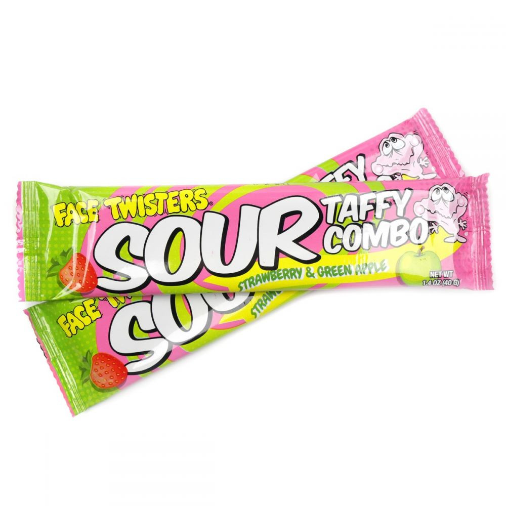 Face Twisters sour strawberry & green apple taffy, 24 individually wrapped pink & green candies.