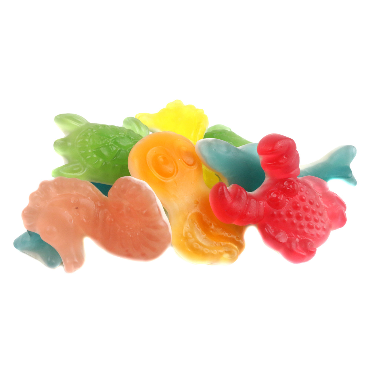 Herberts Best Gummy Ocean Animals, vibrant multi-colored gummy turtles, sharks, seahorses, crabs, octopuses, dolphins.