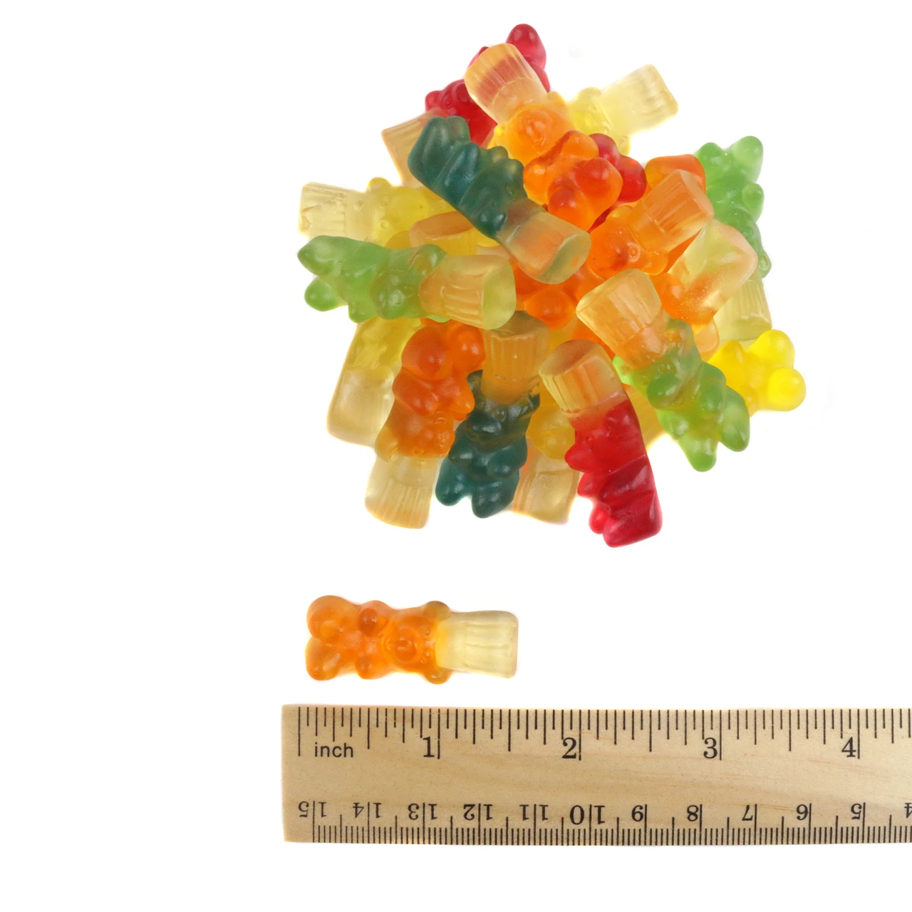 Colorful Herberts Best Gummy Bears, fruity dessert flavors, white vanilla chef hats, approx 90 per pound.