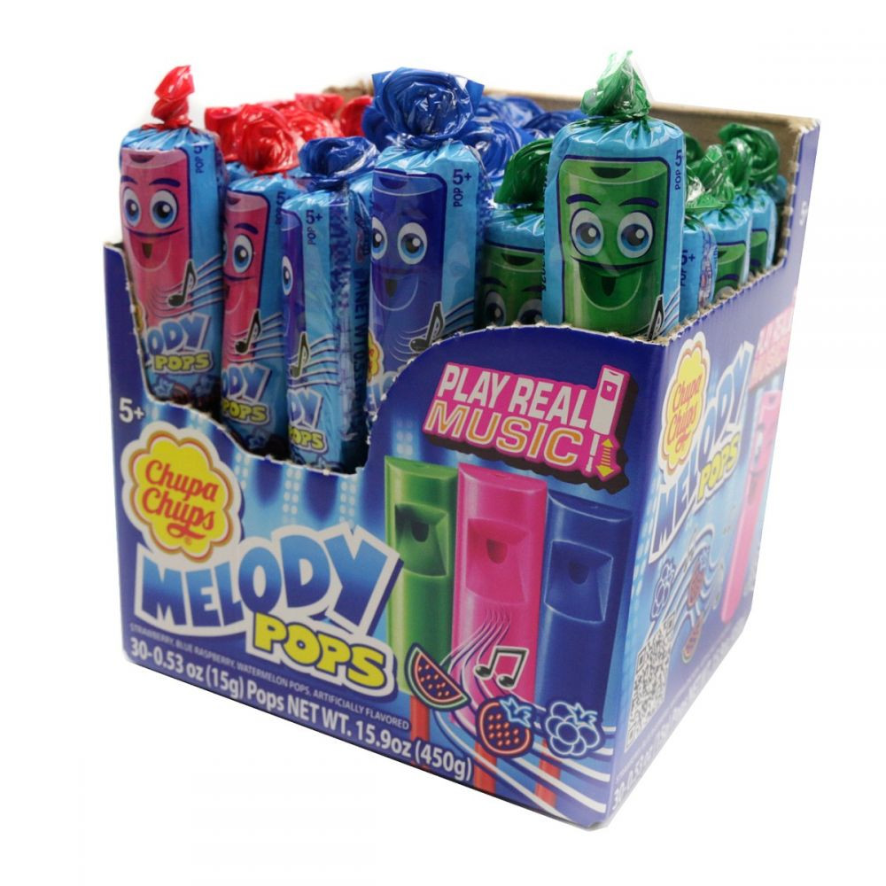 Chupa Chup Melody Pops, 30 individually wrapped whistling lollipops, assorted blue raspberry, strawberry, watermelon flavors.