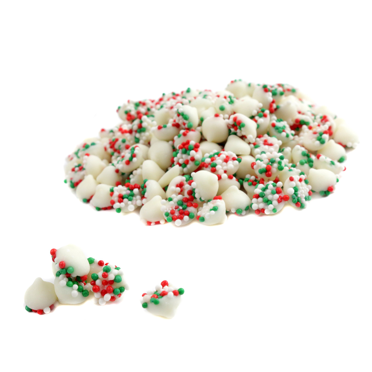 White chocolate mint mini candies, approximately 960 per pound, with festive red and green nonpareils for Christmas.
