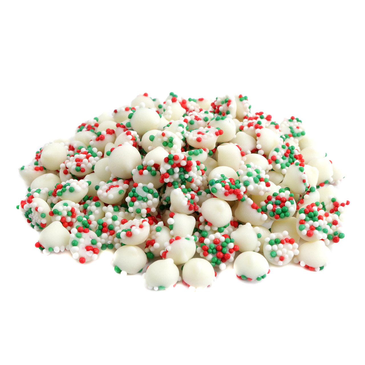 Christmas Misty Mints Mini, minty white chocolate candy with red and green nonpareils, approx 960 per pound.