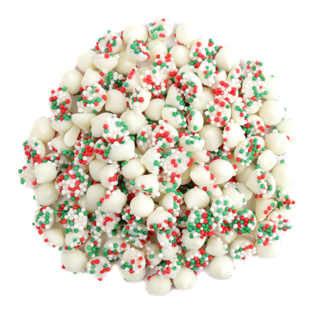 Christmas Misty Mints Mini, white chocolate mint candy with red and green nonpareils, approx 960 per pound.