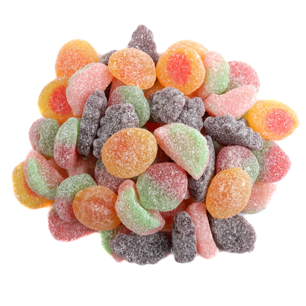 Sour Patch Fruit Mix, colorful watermelon, grape, strawberry, peach gummy candy, approx. 110 pieces per pound.