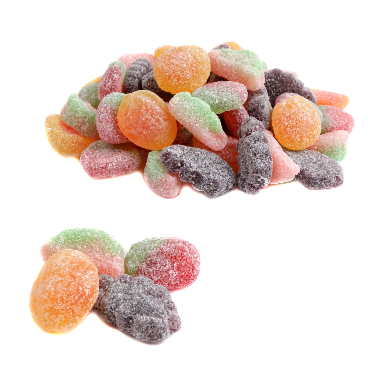 Sour Patch Fruit Mix, assorted sour gummy watermelons, grapes, strawberries, peaches. Red, green, purple, orange. Approx 110 pieces.