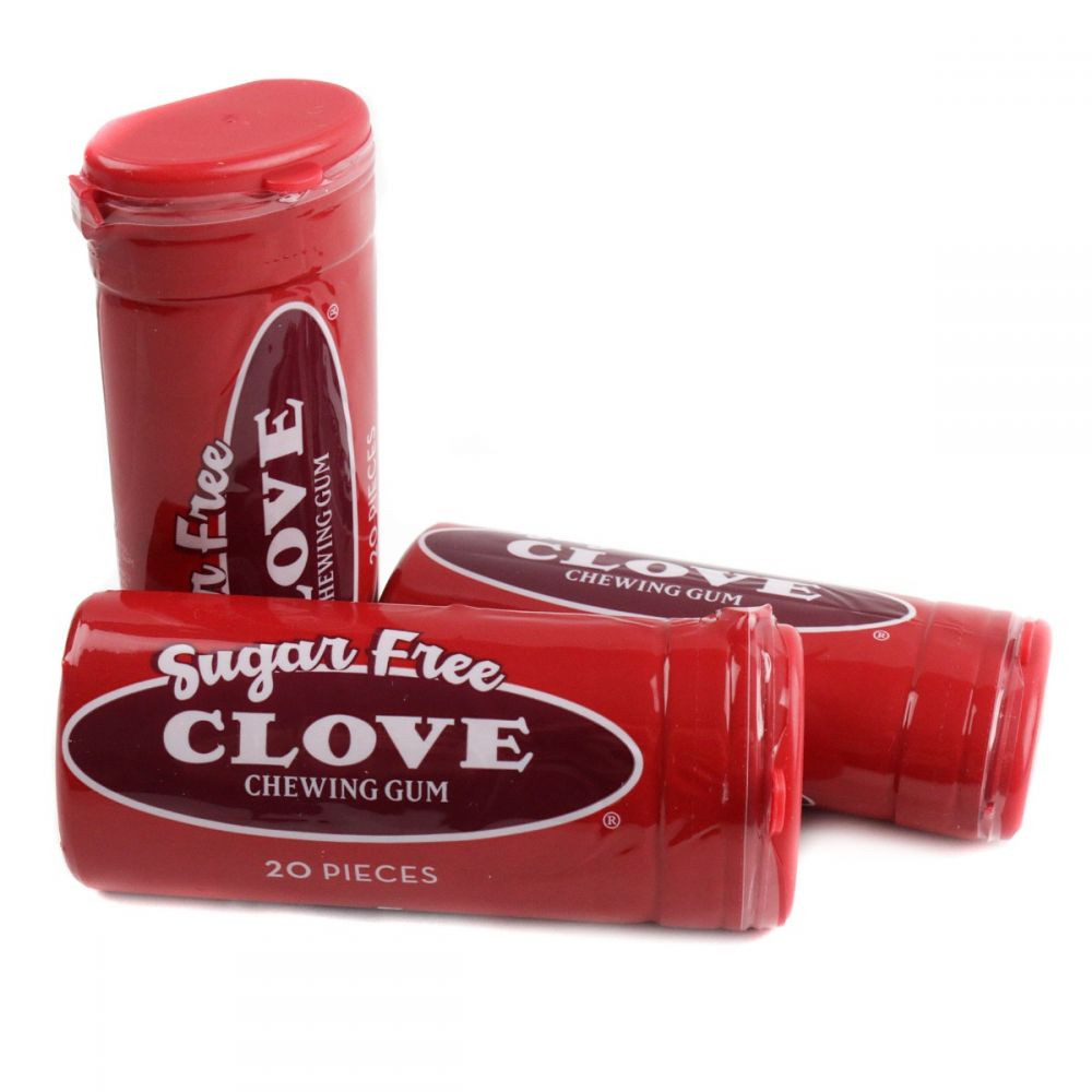 Nostalgic Sugar Free Clove Chewing Gum, 12 packs, 20 bite-sized hard shell pieces, resealable container.