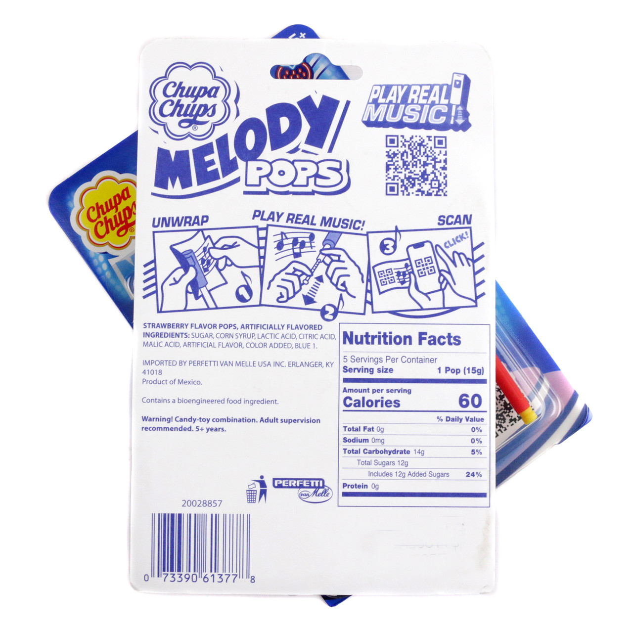 Chupa Chups Melody Pop strawberry lollipops, 6 blister packs, 30 individually wrapped red musical lollipops.