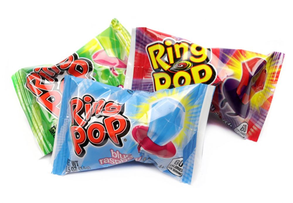 40 Ring Pops Fruit Box, assorted red, green, blue wearable lollipops with large candy jewels.